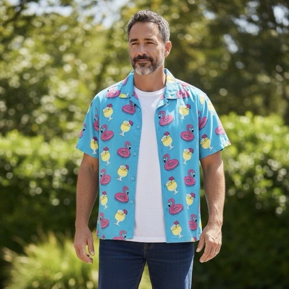 Hawaiian Shirt Mens M Rayon Pink Flamingos Tropical Beach Party by Bioworld